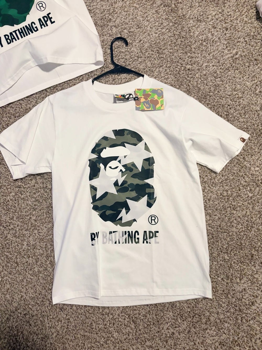 A Bathing Ape White Tee with Green Camo Logo